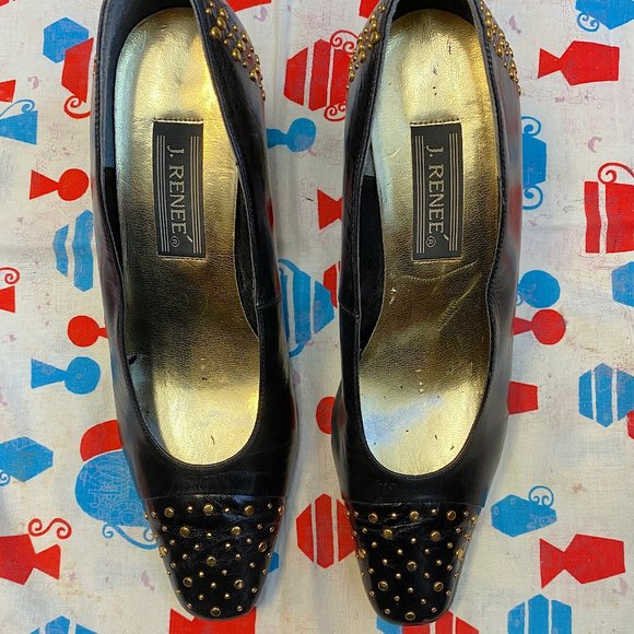 Vintage 1980s 1990s J Renee Black Pumps with Gold Studs Size 8M Retro Rocker - Picture 6 of 8